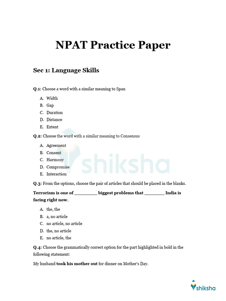 NPAT Language Skills Practice Paper | PDF | Teachers | Learning