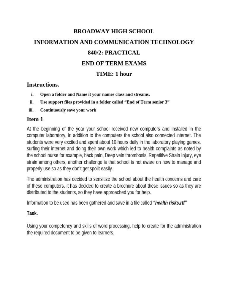 Senior 3 ICT Exam Guidelines | PDF