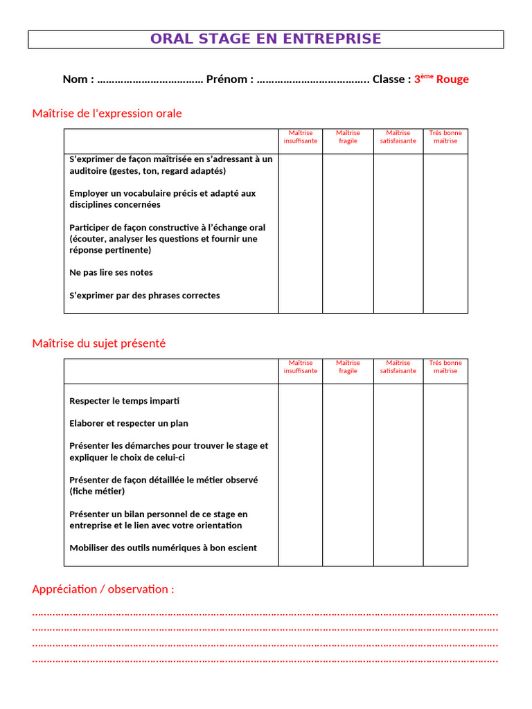 Grille d'évaluation de l'oral en stage | PDF
