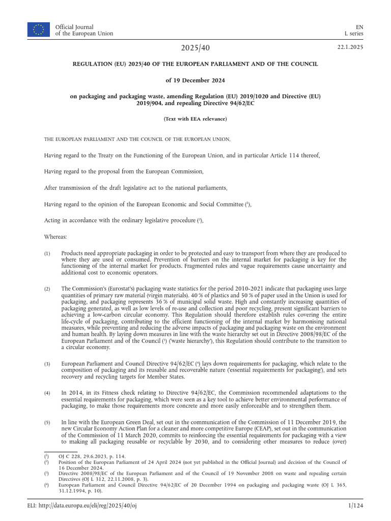 EU Regulation 2025/40 on Packaging Waste | PDF | Recycling | Waste