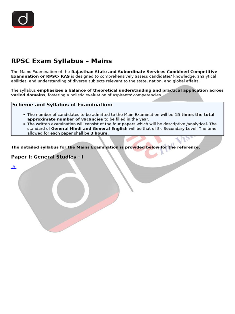 RPSC Exam Syllabus - Mains: Scheme and Syllabus of Examination | PDF ...