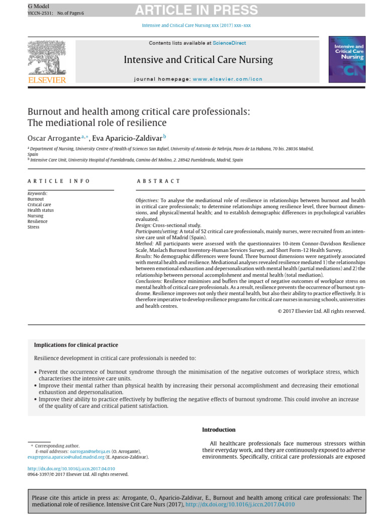 Burnout and Resilience in Critical Care | PDF | Psychological ...