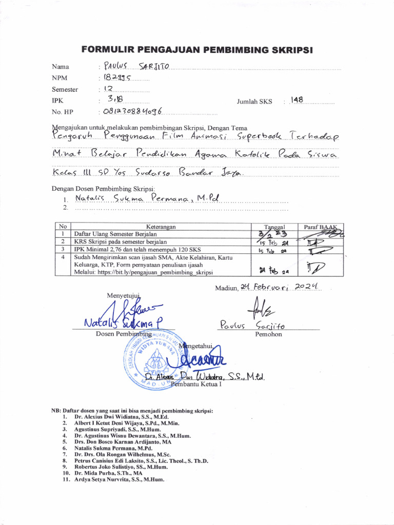 2024-02-24 Permohonan Pengajuan SK Pembimbing Skripsi 182995 Paulus ...