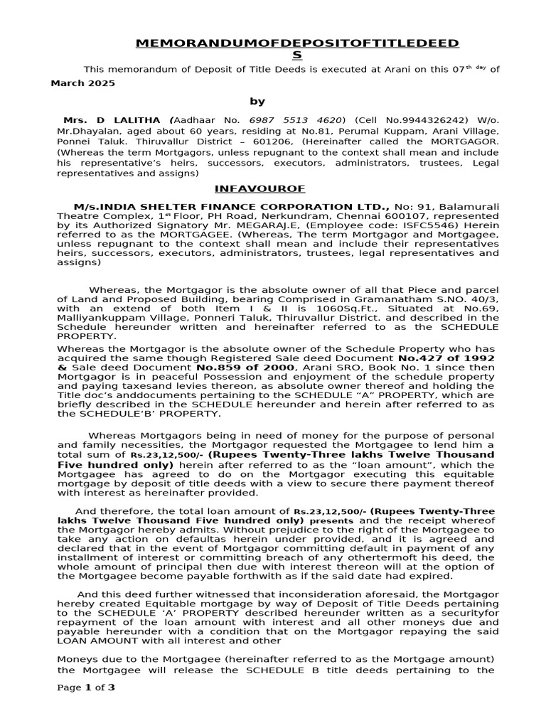 Memorandum of Title Deed Deposit | PDF | Mortgage Law | Mortgages