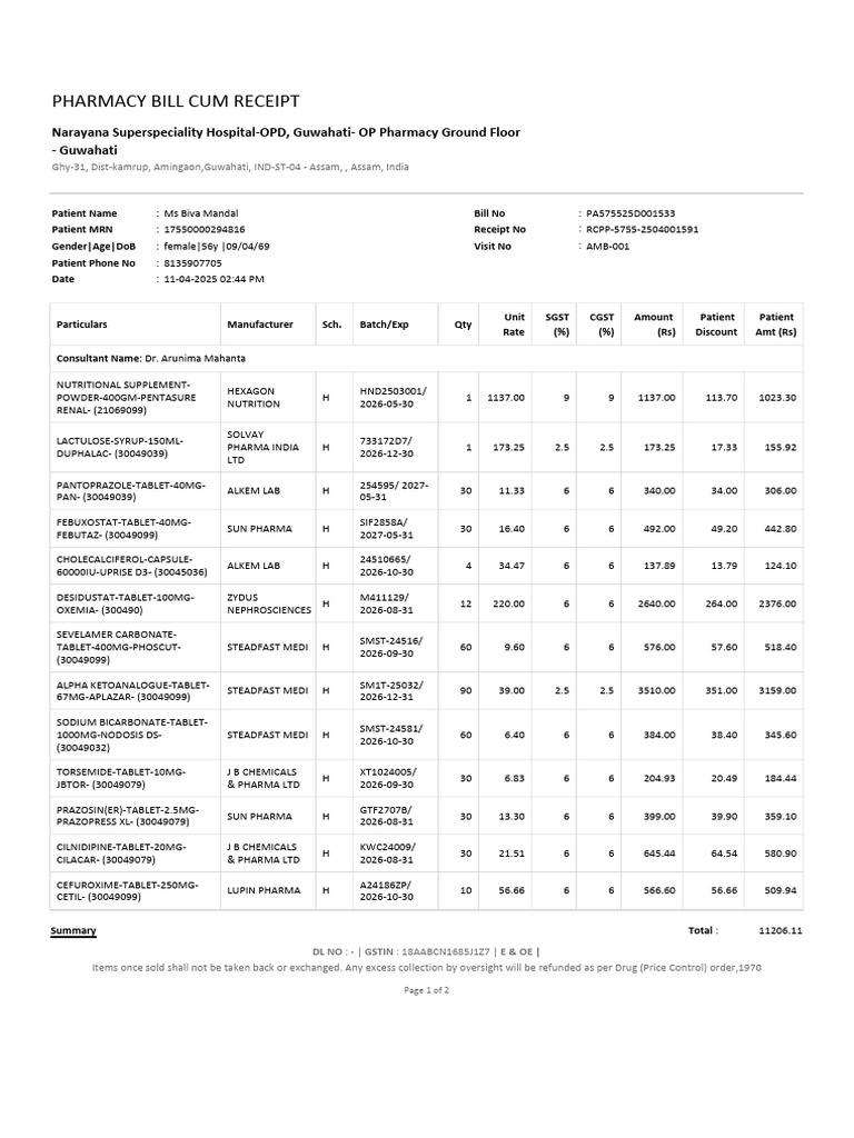 Phoscut 400 Tablet Pharmacy Receipt | PDF | Health Care | Payments