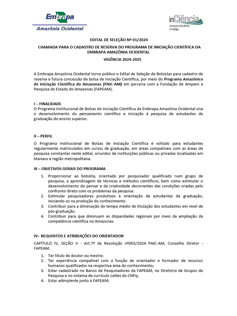 Edital - Selecao Pibic PAIC Fapeam 2024 2025 Errata 15 - 4 | PDF | Pós ...