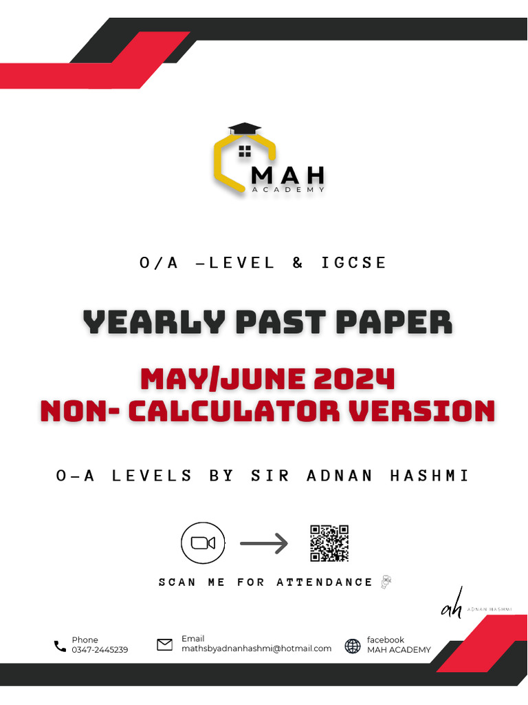 Non Calculator Yearly Past Paper Mayjune 2024 - Adnan Hashmi - Mah ...