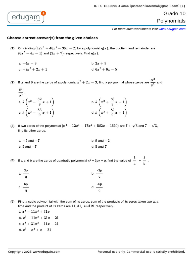 Grade 10 Polynomials Worksheet | PDF | Polynomial | Zero Of A Function