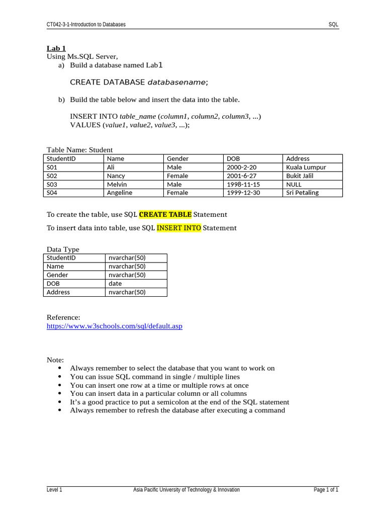 SQL Database Creation and Data Insertion | PDF