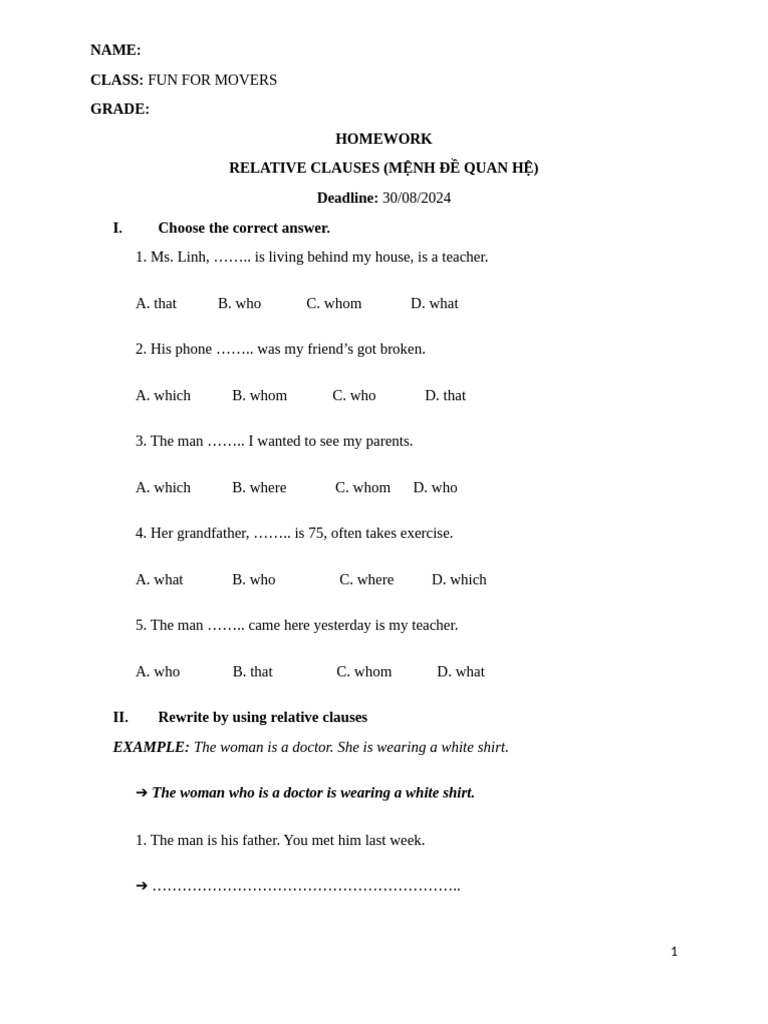 Relative Clauses Homework Exercise | PDF