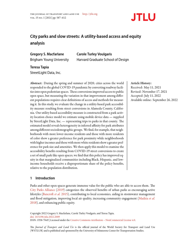 City Parks and Slow Streets A Utility-Based Access and Equity | PDF ...