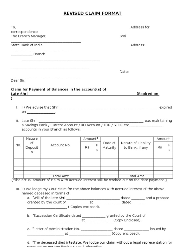 Sbi Claim Form Signature Deposit Account