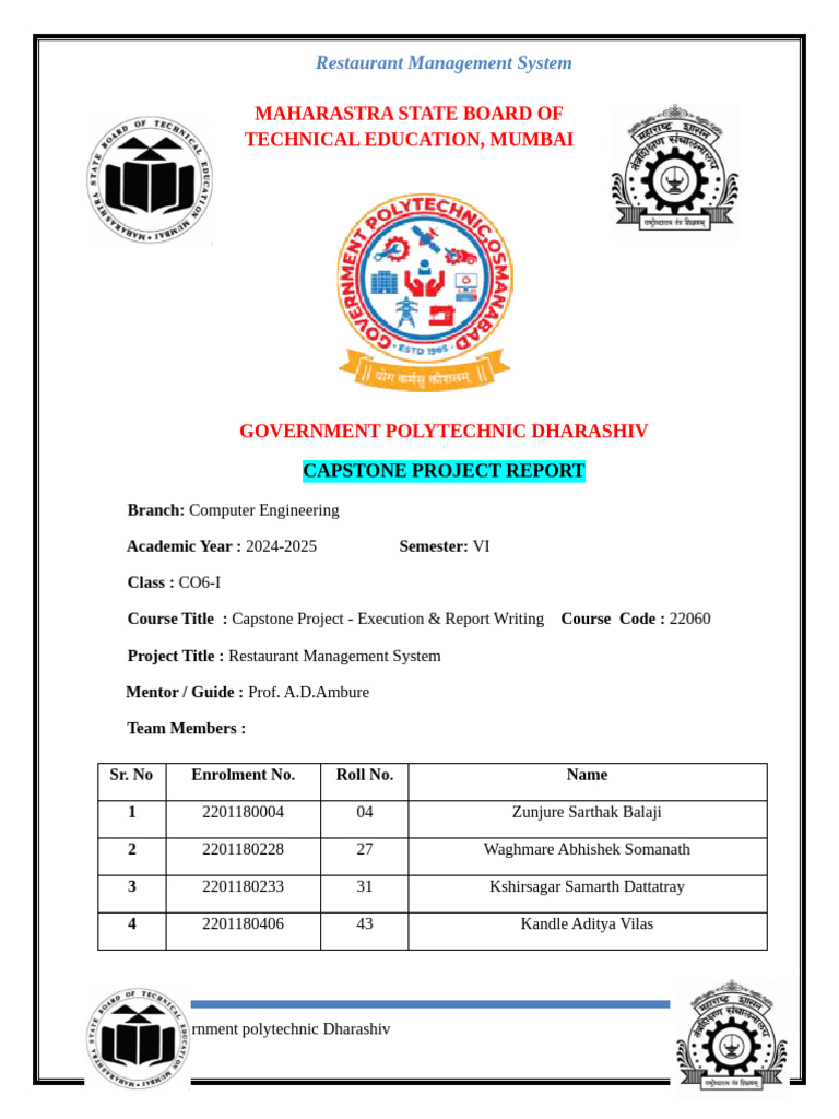 Restaurant Management System Project Report | PDF | Databases | Php