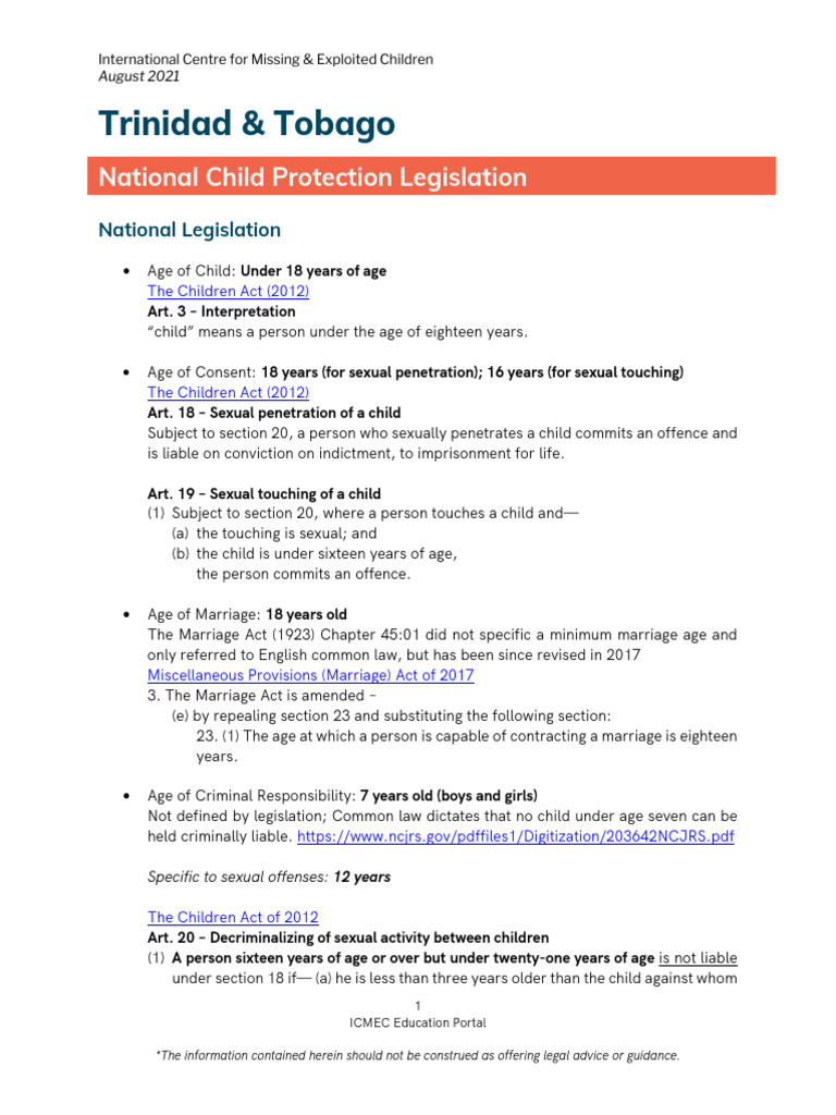 ICMEC Trinidad and Tobago National Legislation UPDATED Aug 2021 | PDF ...