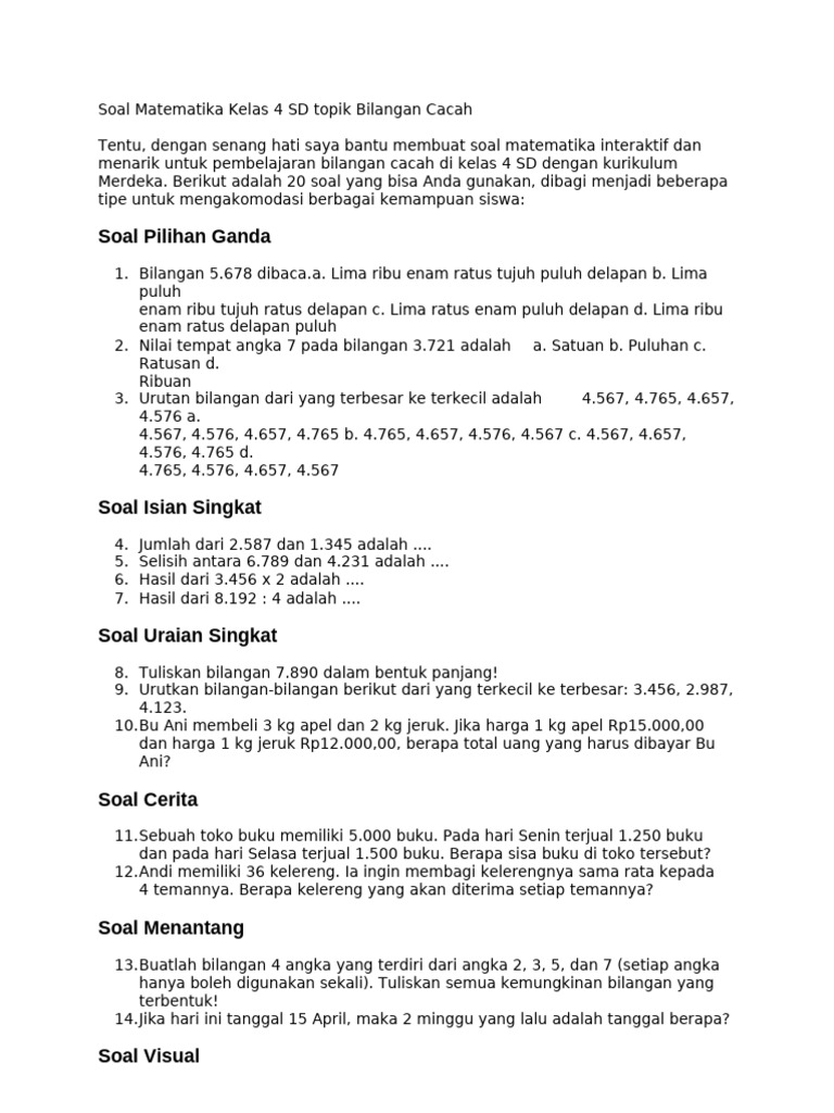 Soal Matematika Bilangan Cacah Kelas 4 | PDF