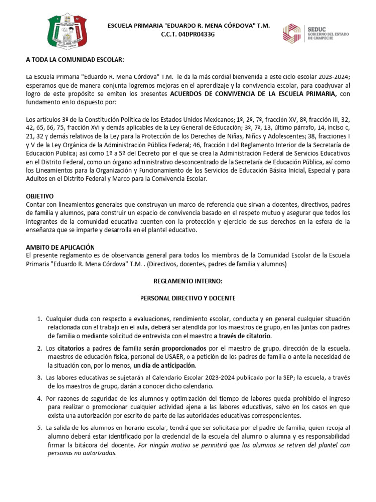 Acuerdos de Convivencia Escolar 2023-2024 | PDF | Escuelas | Educación ...