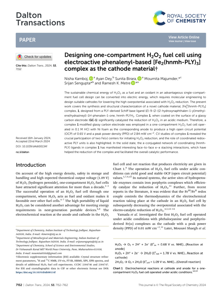 H2O2 Fuel Cell with Phenalenyl Iron Complex | PDF | Redox | Fuel Cell