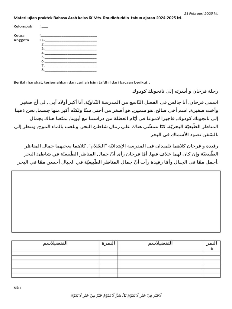 Materi Ujian Praktek Bahasa Arab Kelas IX Mts 2025 | PDF