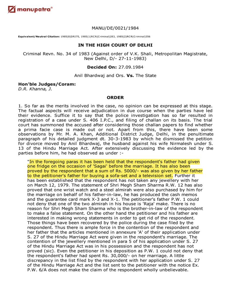 Delhi High Court Ruling on Dowry Case | PDF | Marriage | Divorce
