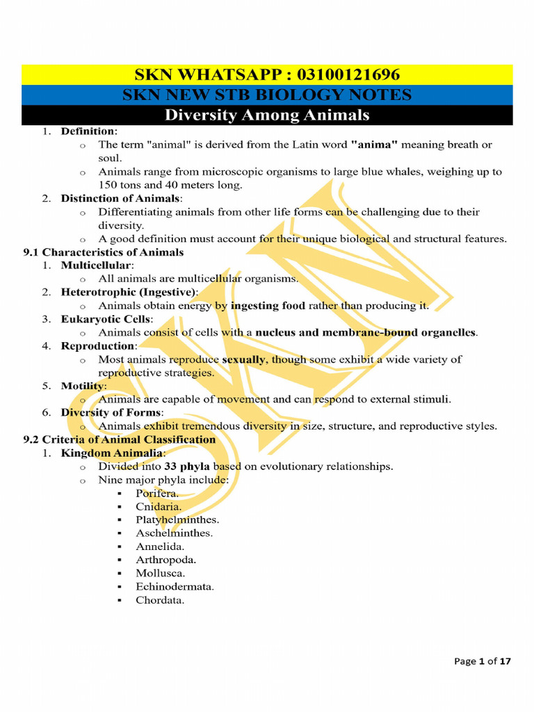 Diversity Among Animals New STB Key Point Notes by SKN 2024 | PDF