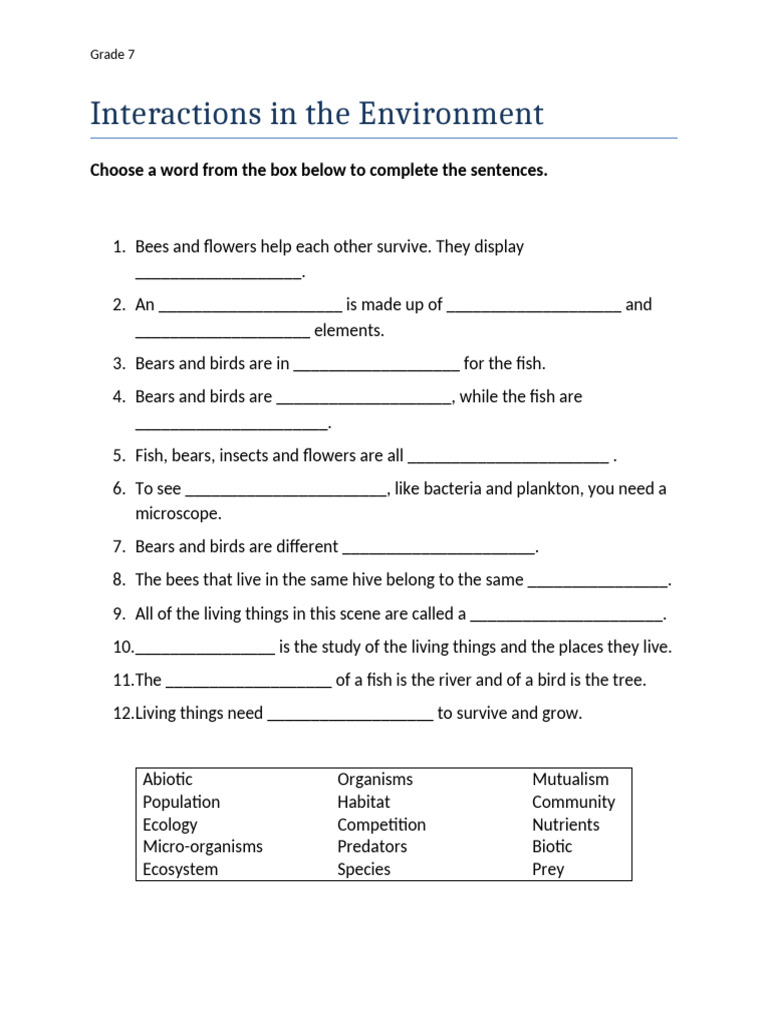 Interactions in The Environment Vocabulary in Sentences | PDF ...