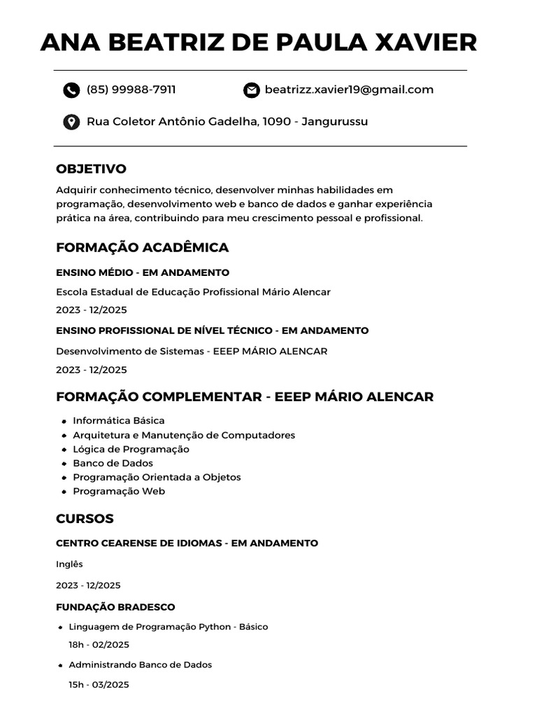 Perfil Profissional de Ana Beatriz Xavier | PDF