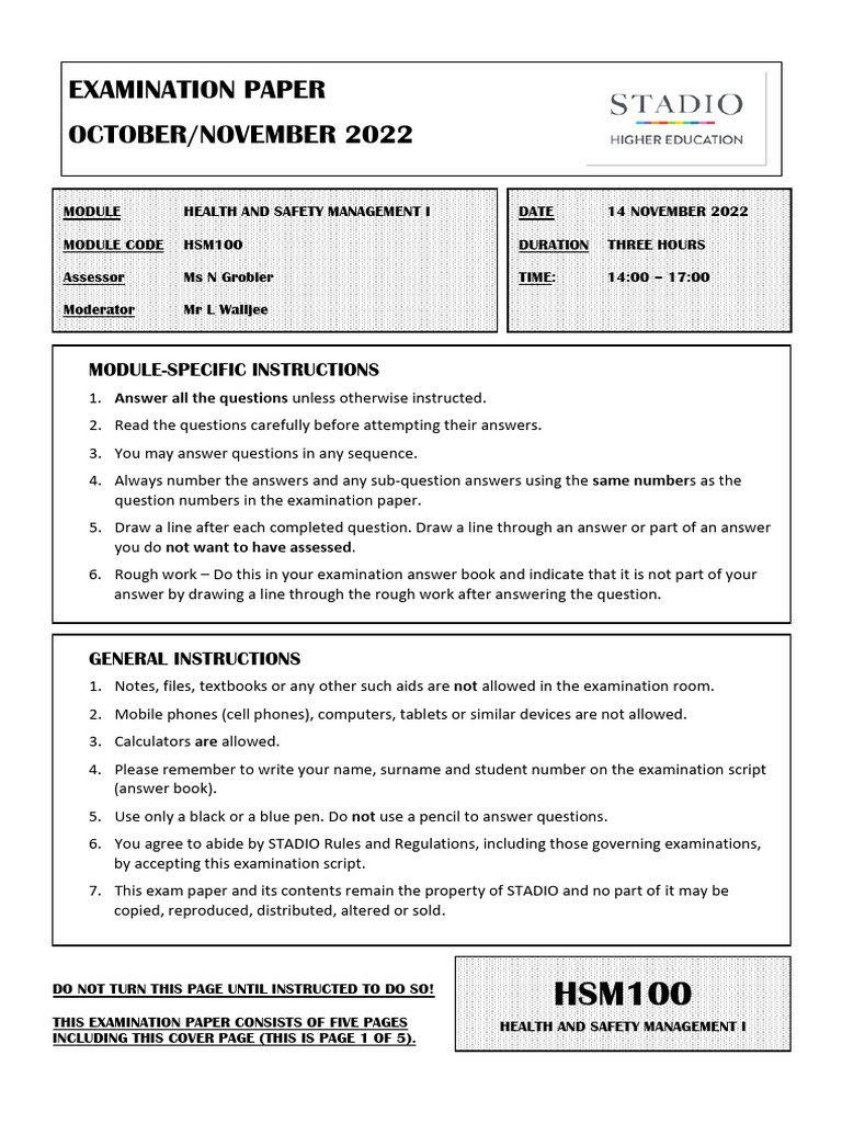 HSM100 Exam Instructions and Paper | PDF | Occupational Safety And ...