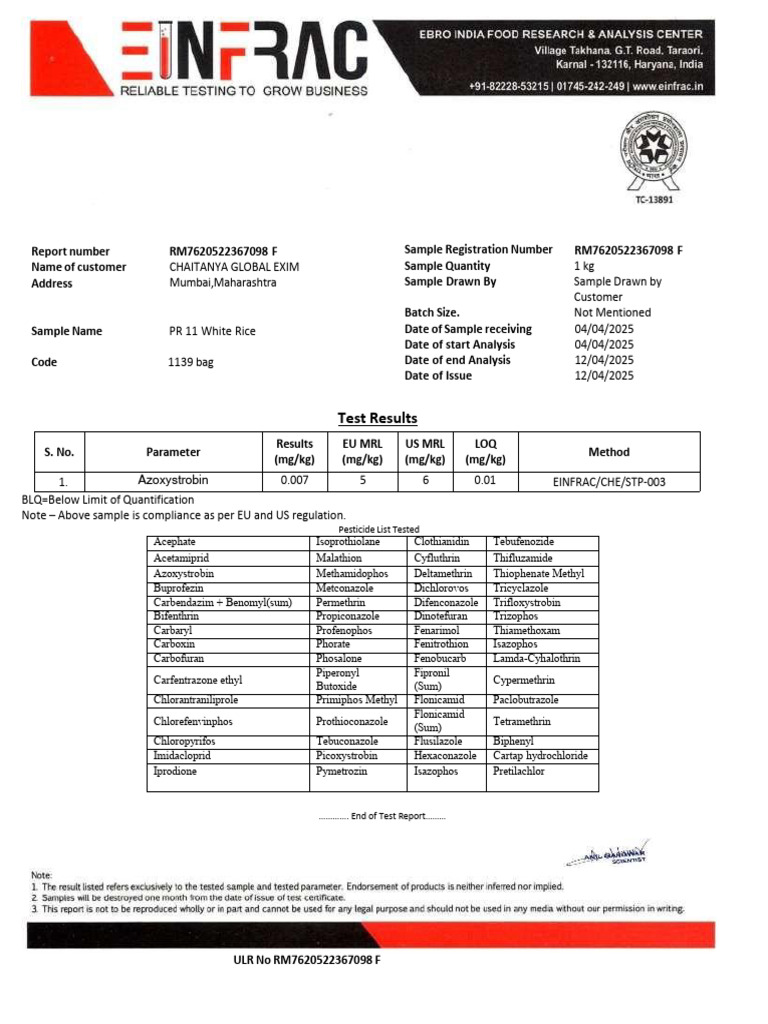 Pesticide Test Report for PR 11 Rice | PDF | Agricultural Chemicals ...