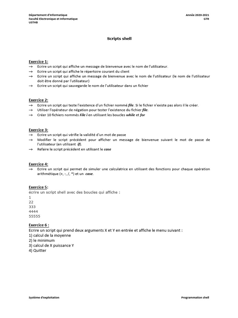 Scripts Shell pour Exercices Pratiques | PDF