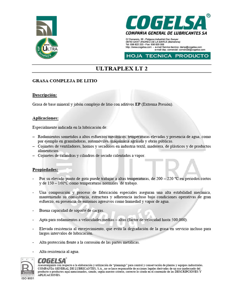 Fitxa Tecnica Ultraplex LT 2 | PDF | Lubricante | Sector secundario de ...