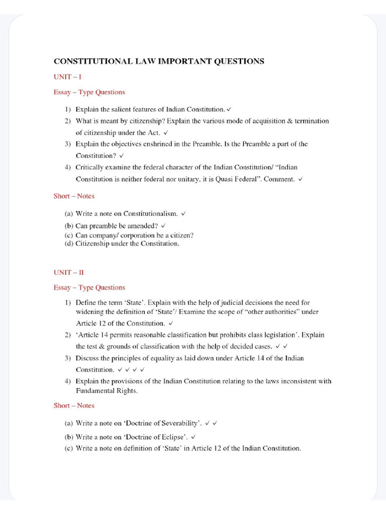 Exam Important Questions - Constitutional Law 1 | PDF