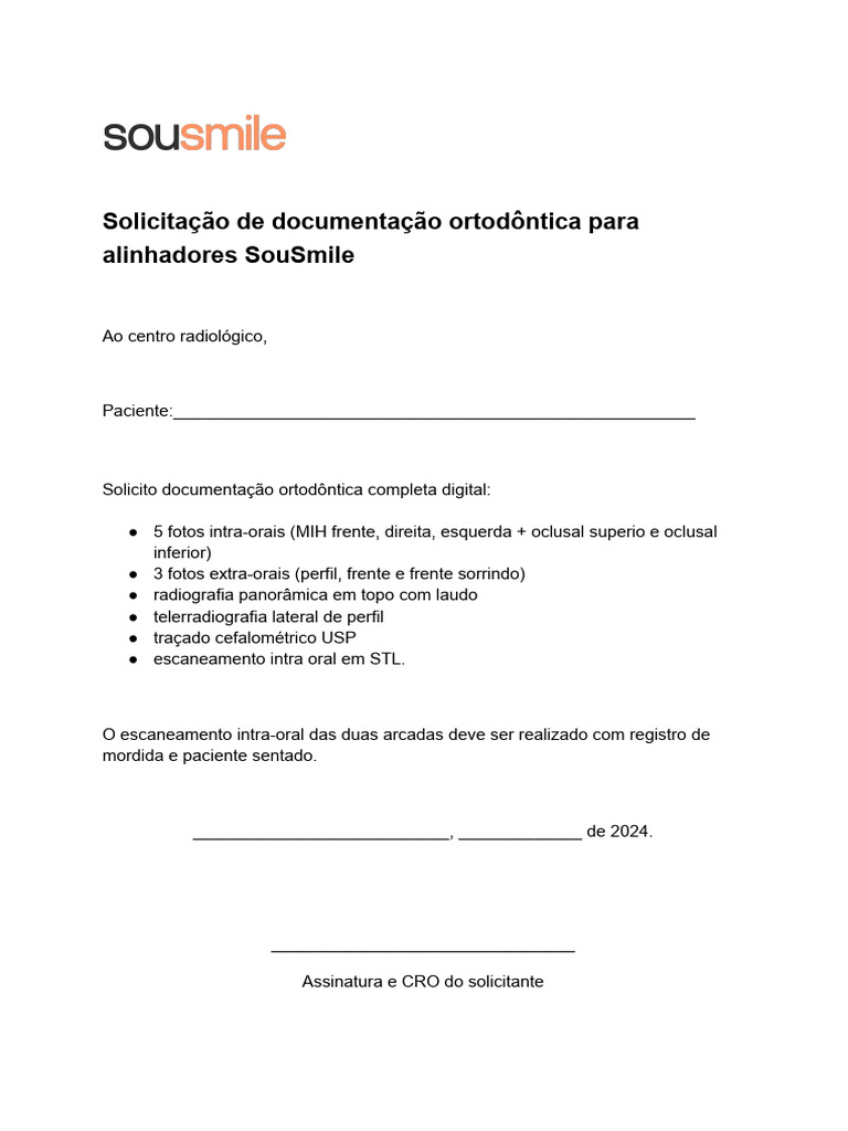 Solicitação de Documentação Ortodontica | PDF
