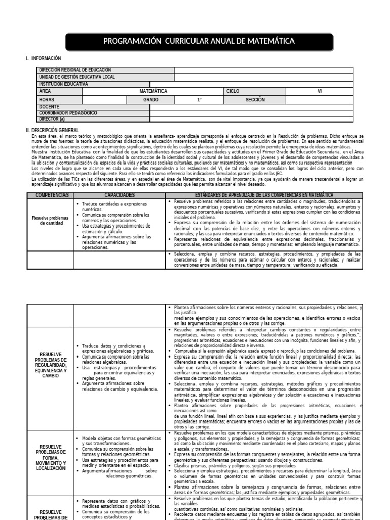 Programación Anual de Matemática 1° Grado | PDF | Ecuaciones | Geometría