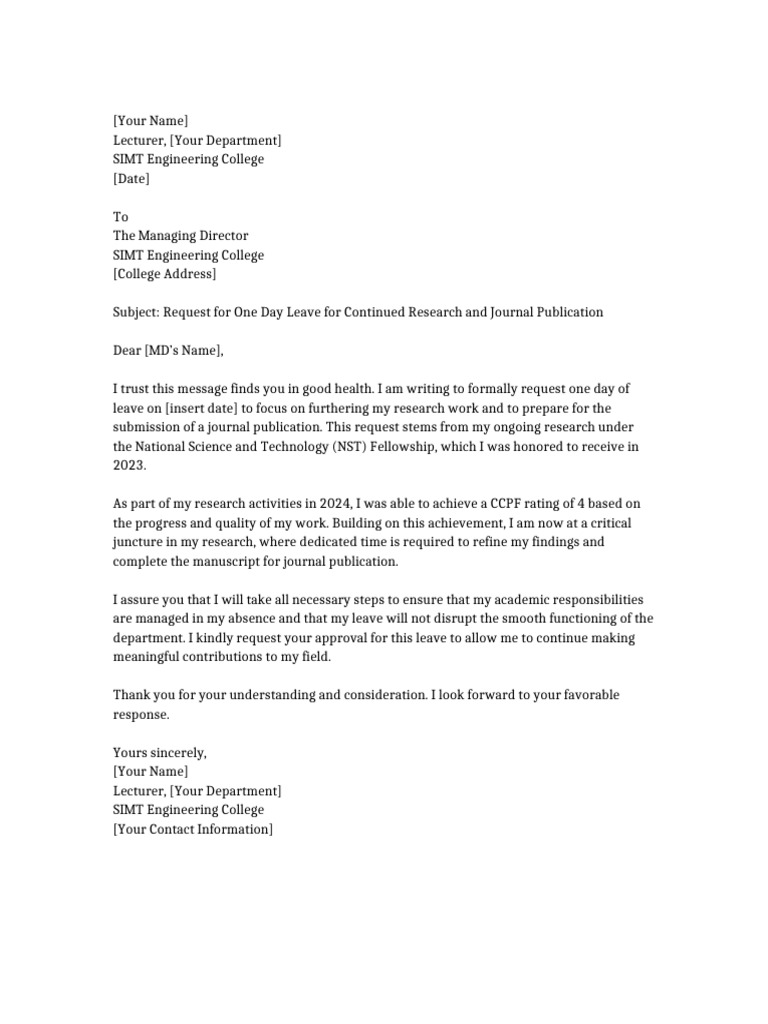 Leave Request for Research Publication | PDF