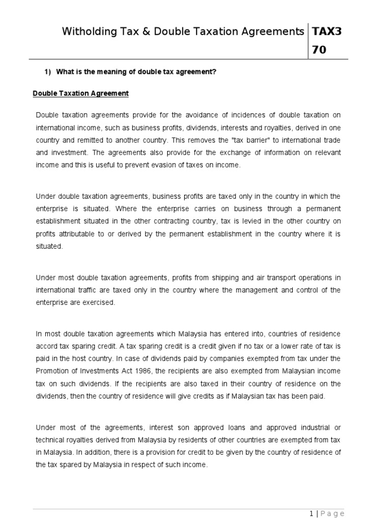 Double Tax Agreement Double Taxation Permanent Establishment