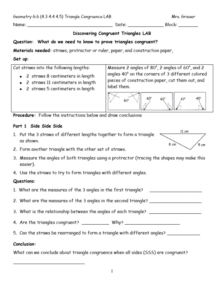 Geo G.6 Chapter 4 Congruent Triange Lab WS PDF | PDF | Geometric Shapes ...