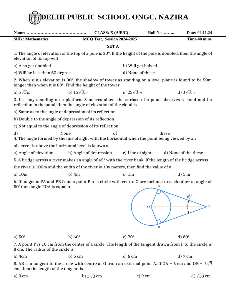 Angles of Elevation and Depression MCQ Test | PDF | Circle ...