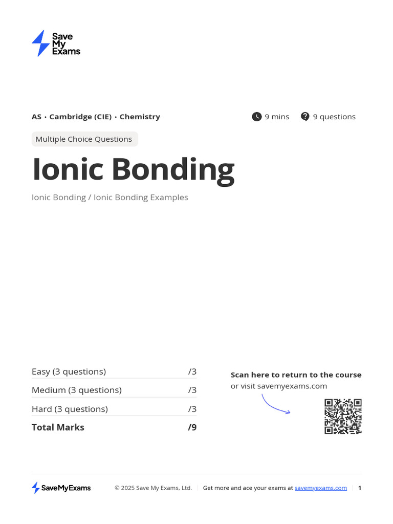 Ionic Bonding Quiz: MCQs for Chemistry | PDF | Salt (Chemistry) | Ammonium