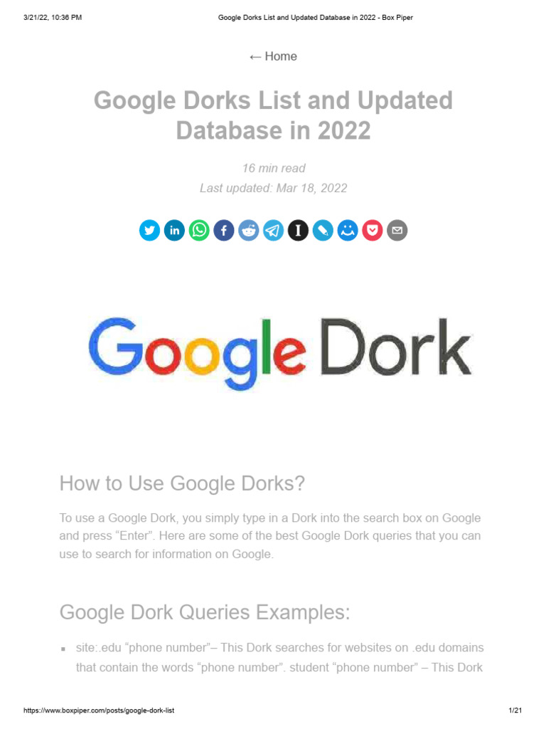 Google Dorks Database 2022 Update | PDF | World Wide Web | Internet & Web