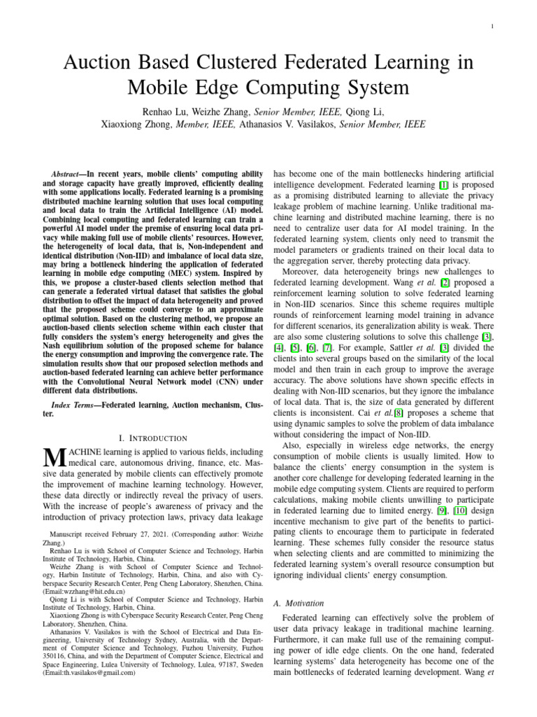 Auction Based Clustered Federated Learning in Mobile Edge Computing ...