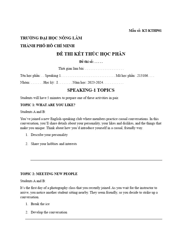 Speaking 1 Exam Topics Guide | PDF