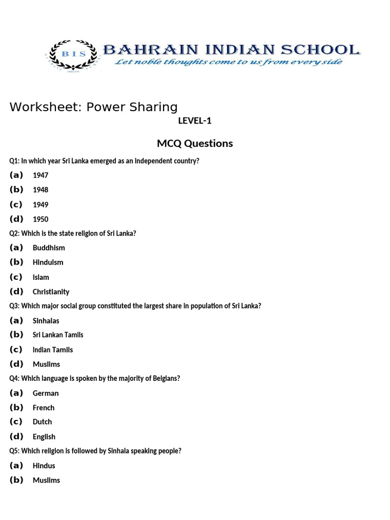Power Sharing Class 10 Worksheet Civics Chapter 1 | PDF | Sri Lanka ...