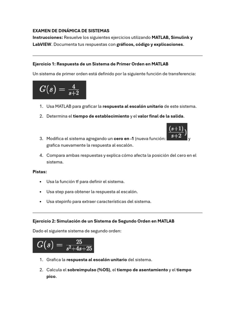 Examen de Dinámica de Sistemas con MATLAB | PDF | Matlab | Sistema de ...
