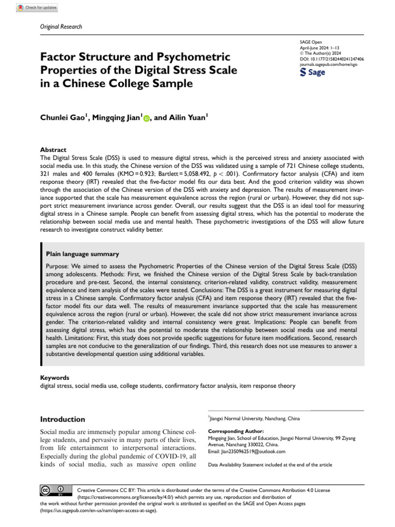 Gao Et Al 2024 Factor Structure and Psychometric Properties of The ...