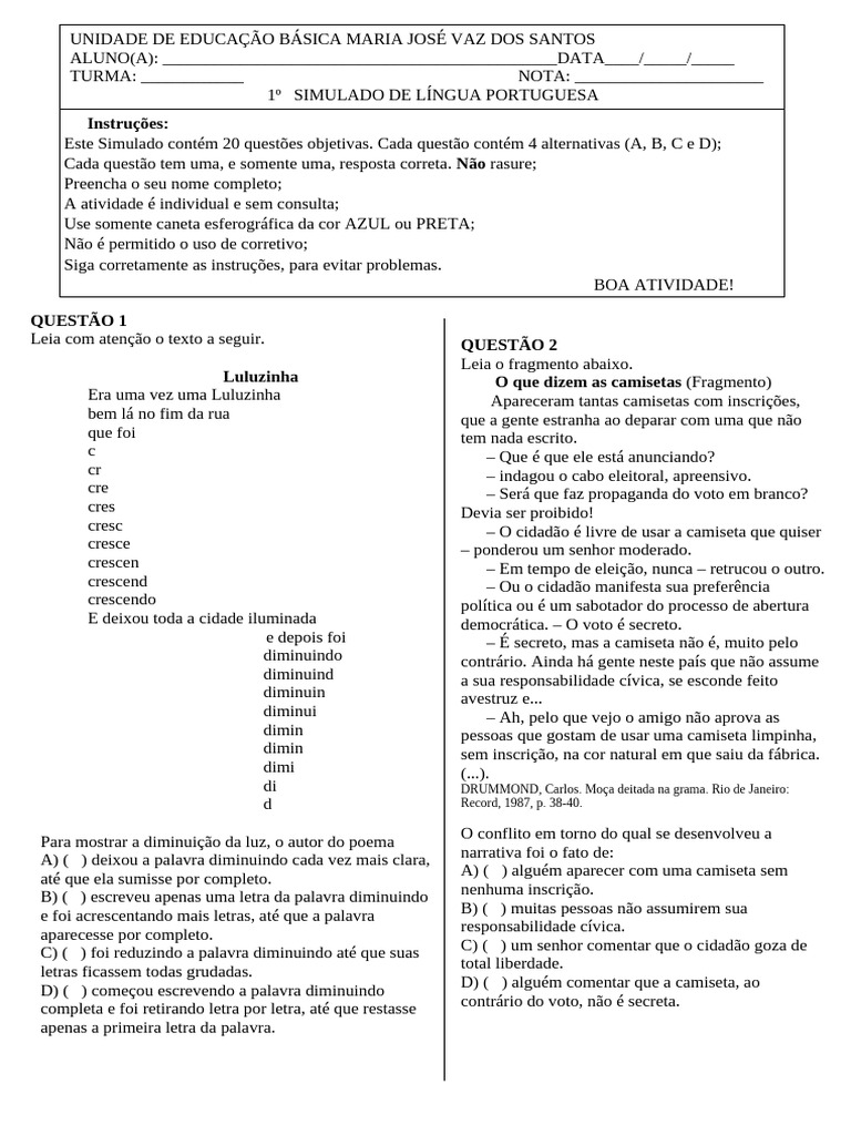 Simulado de Português 8º Ano com Gabarito | PDF | Adolescência | Amizade