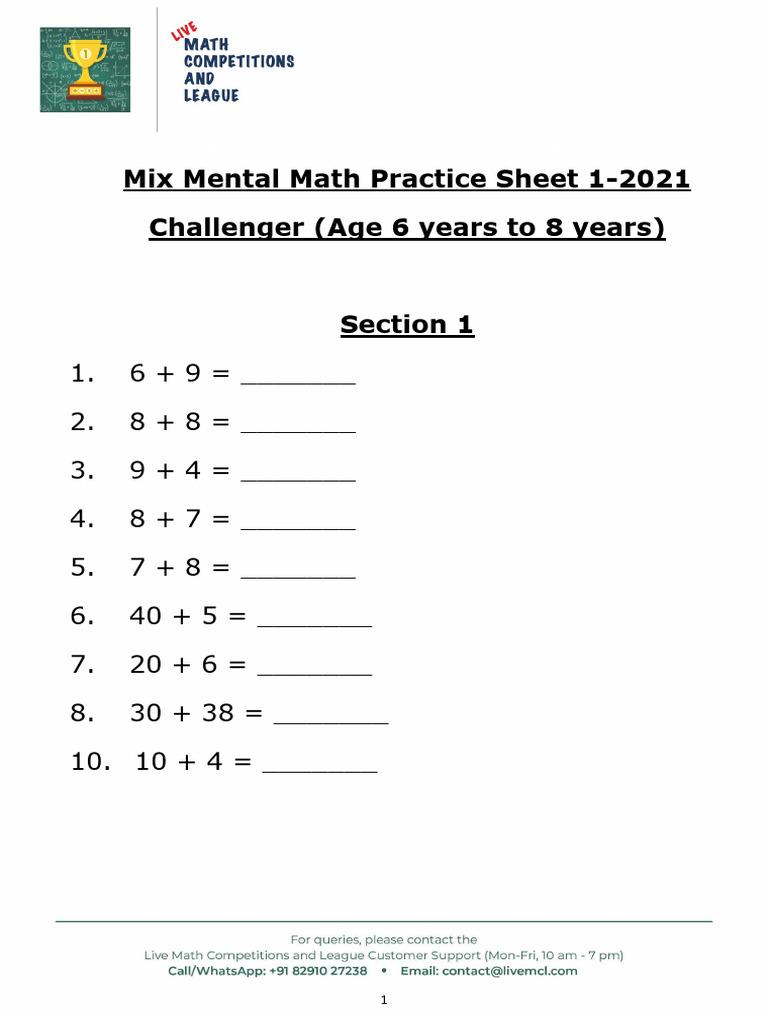 Challenger Mental Math Worksheets | PDF