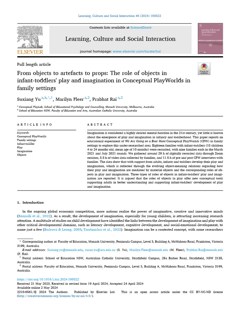 The Role of Objects in Infant-Toddlers - Play and Imagination in ...