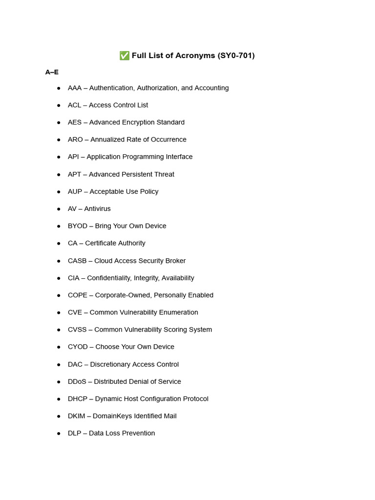 Full List of Acronyms (SY0-701) | PDF | Transport Layer Security ...
