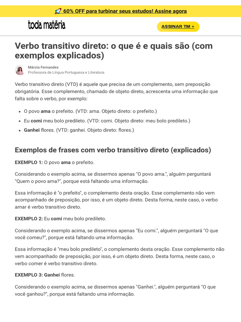 Verbo Transitivo Direto: Definição e Exemplos | PDF | Objeto (gramática ...