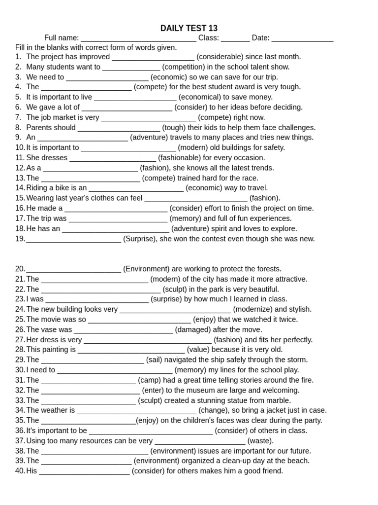 Daily Vocabulary Test 13: Fill-in Blanks | PDF
